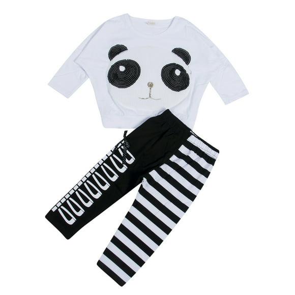 Fashion Boby Girsl Loose Panda Print Top Stripe Layered Pants Outfit Set Clothes 